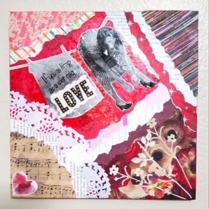 😀 HAND CRAFTED 8x8 on wood canvas Love collage art mixed media